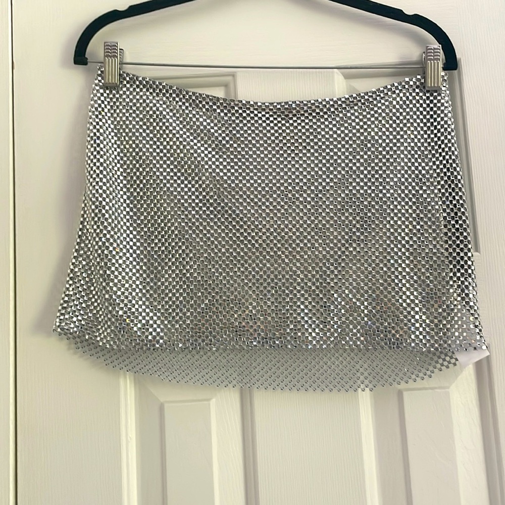 Silver rhinestone encrusted micro mini skirt sheer